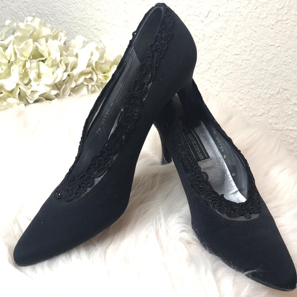 STUART WEITZMAN BLACK SATIN POINTY TOE HIGH HEEL PUMP LACE TRIM SIZE 8M